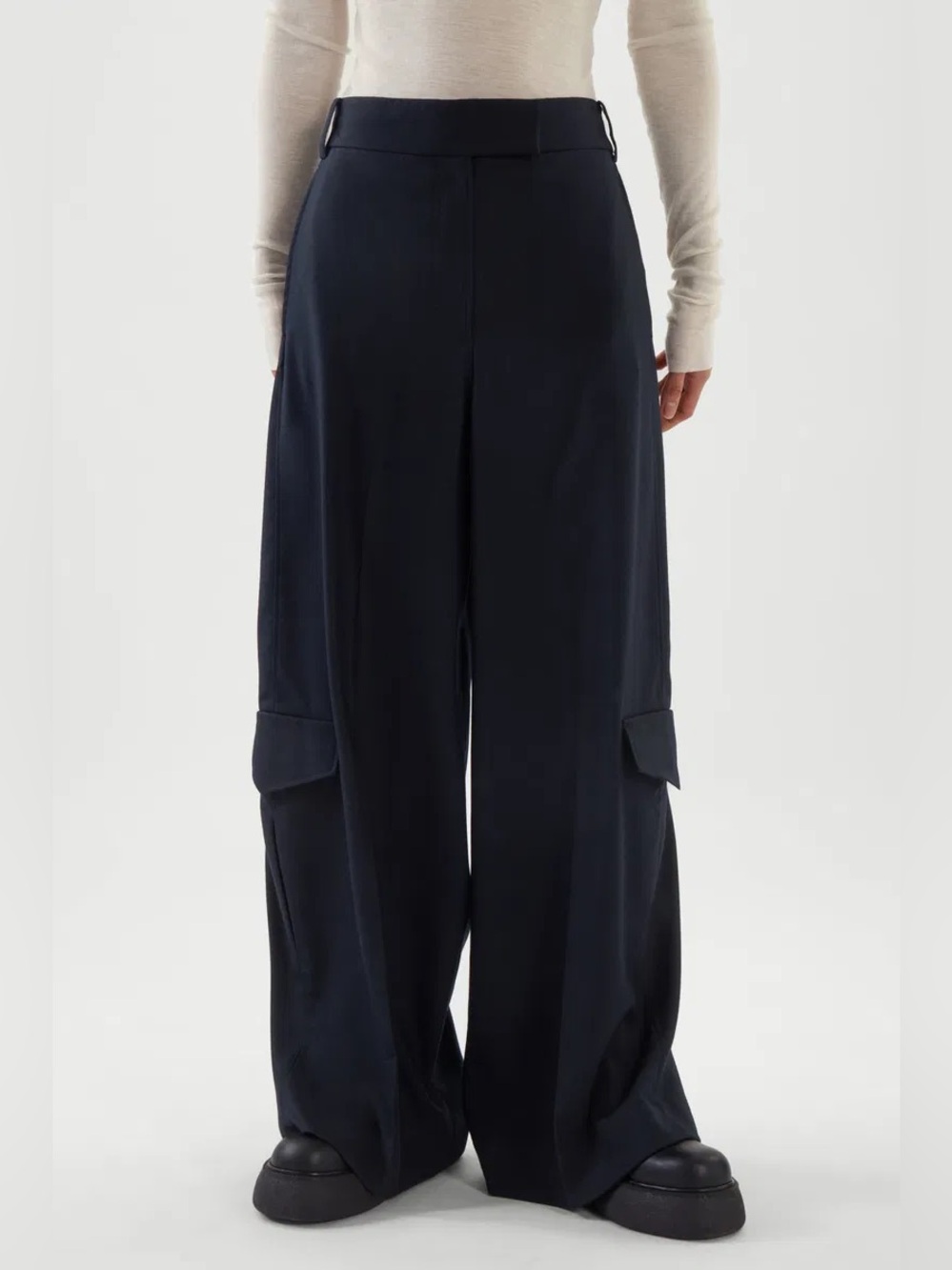 COS Wide-Leg Cargo Trousers Navy Blue Wool Blend 28” EUR Size 34